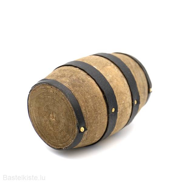 Mini Holzfass braun mit 4 Leder-Reifen Ø 50mm, 70mm hoch