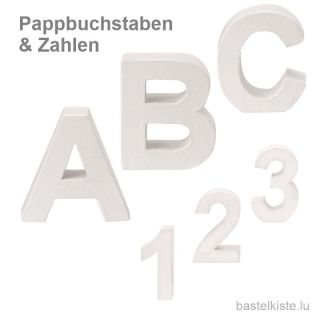 PappArt Buchstaben ABC & Zahlen in weiß, H 100 x T 30 mm