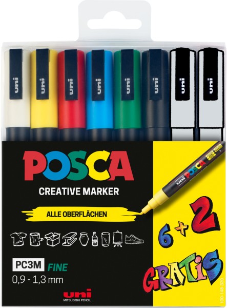 POSCA uni Paint Marker 6+2er Set PC-3M 0,9 - 1,3mm