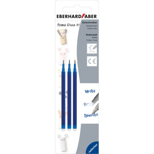Ersatzminen, Refill 3er Set blau für Animal Erase It, Gelschreiber